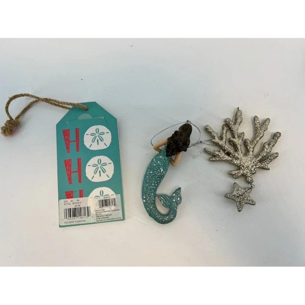 Christmas‎ Ornaments Lot of 3 Beach Theme Mermaid, Seas and Greetings, Coral